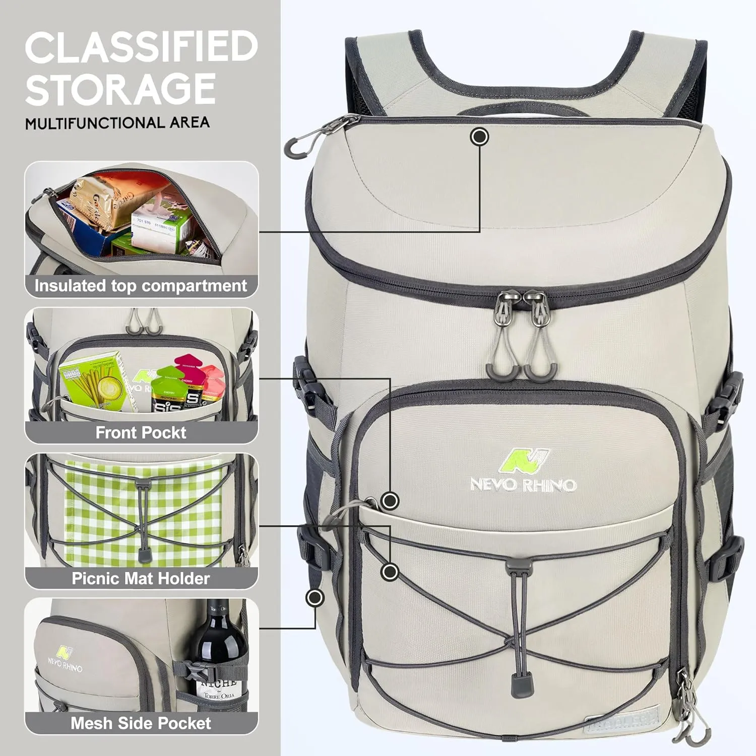 N NEVO RHINO Insulated Backpack Cooler - 36/54 Can Capacity, Waterproof Leak-Proof Lightweight Multi-Functional & Spacious， Ideal for Camping, Travel, Beach, Picnics， Lunch & Day Trips