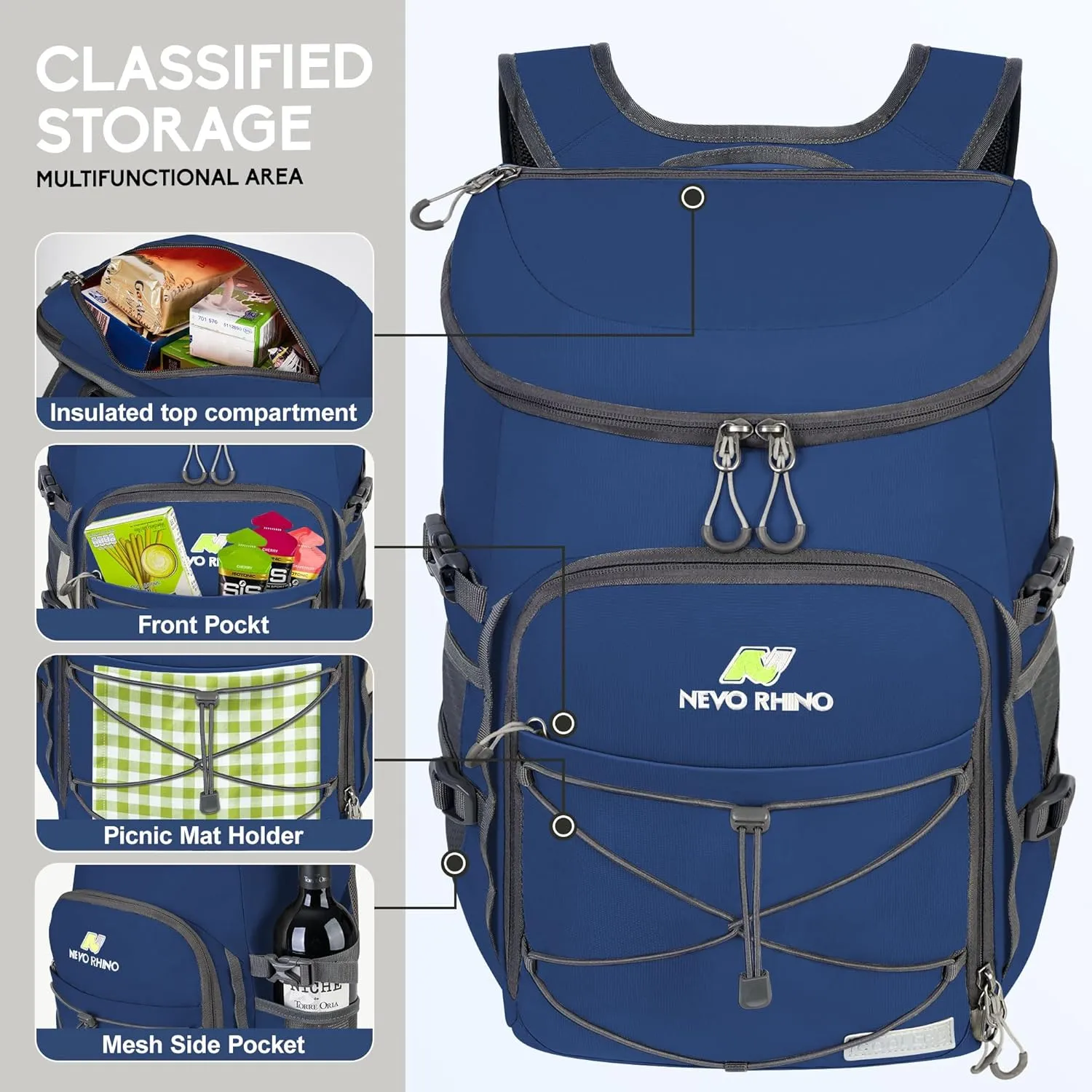 N NEVO RHINO Insulated Backpack Cooler - 36/54 Can Capacity, Waterproof Leak-Proof Lightweight Multi-Functional & Spacious， Ideal for Camping, Travel, Beach, Picnics， Lunch & Day Trips
