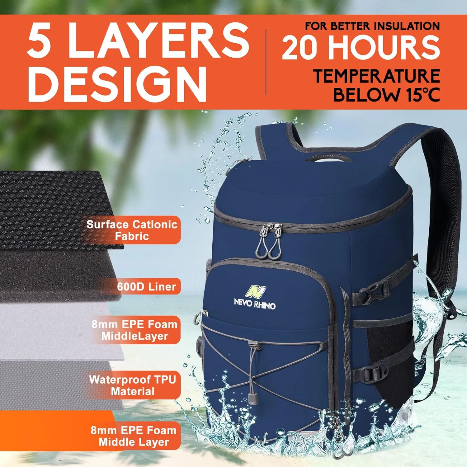 N NEVO RHINO Insulated Backpack Cooler - 36/54 Can Capacity, Waterproof Leak-Proof Lightweight Multi-Functional & Spacious， Ideal for Camping, Travel, Beach, Picnics， Lunch & Day Trips