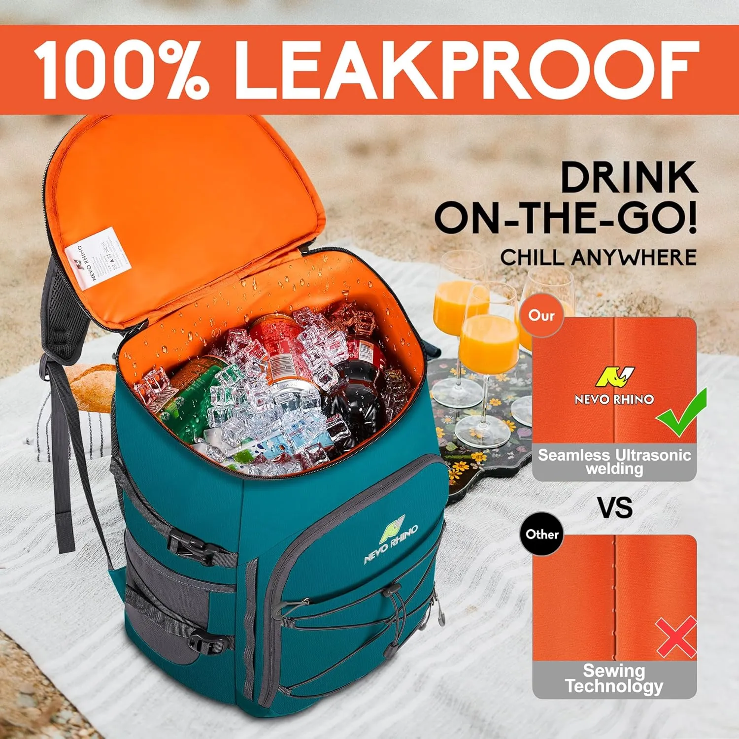 N NEVO RHINO Insulated Backpack Cooler - 36/54 Can Capacity, Waterproof Leak-Proof Lightweight Multi-Functional & Spacious， Ideal for Camping, Travel, Beach, Picnics， Lunch & Day Trips