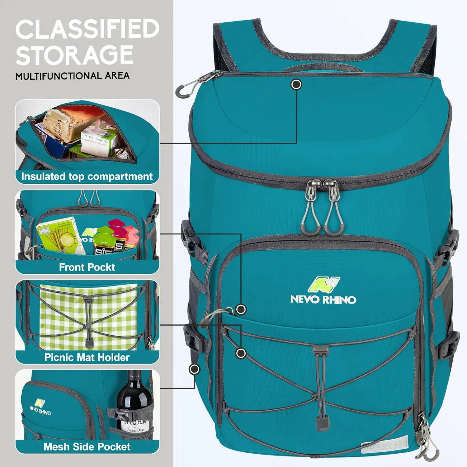 N NEVO RHINO Insulated Backpack Cooler - 36/54 Can Capacity, Waterproof Leak-Proof Lightweight Multi-Functional & Spacious， Ideal for Camping, Travel, Beach, Picnics， Lunch & Day Trips
