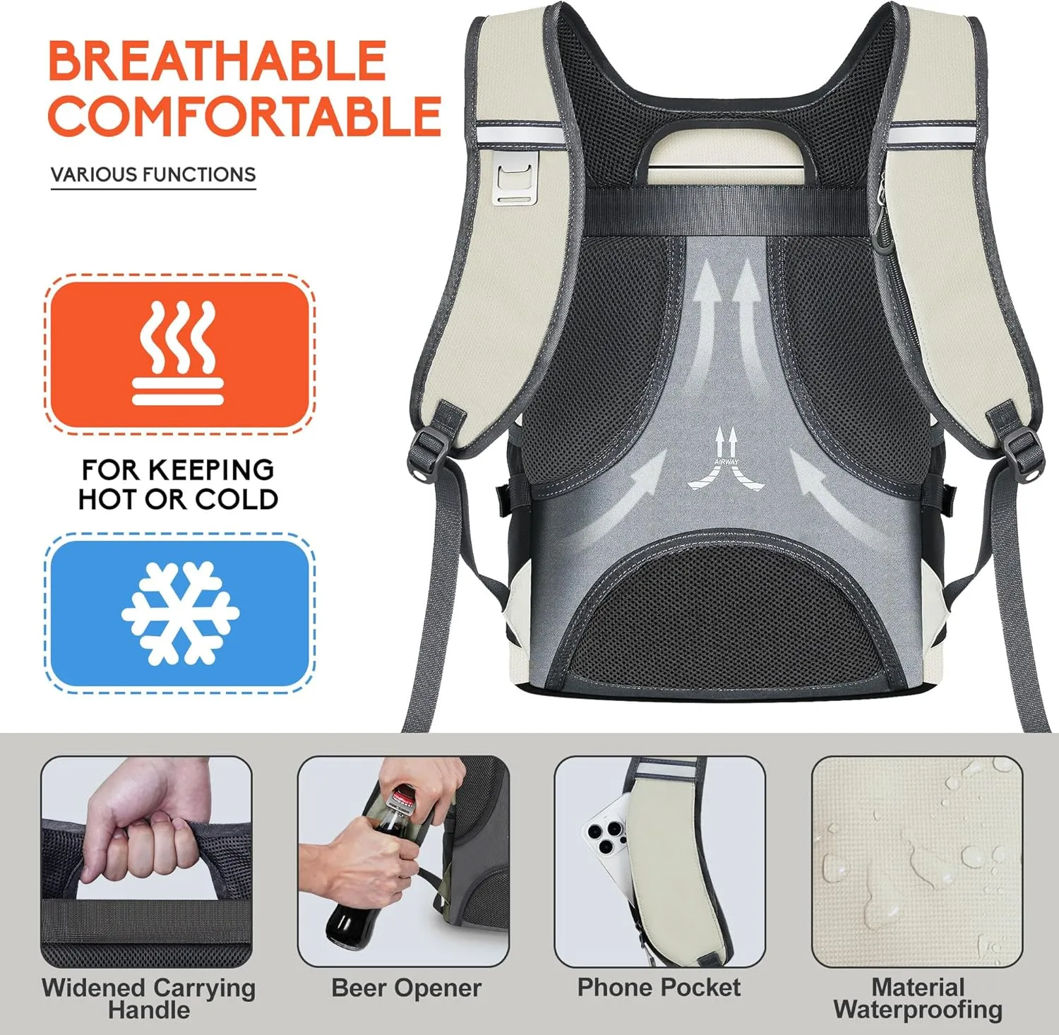 N NEVO RHINO Insulated Backpack Cooler - 36/54 Can Capacity, Waterproof Leak-Proof Lightweight Multi-Functional & Spacious， Ideal for Camping, Travel, Beach, Picnics， Lunch & Day Trips