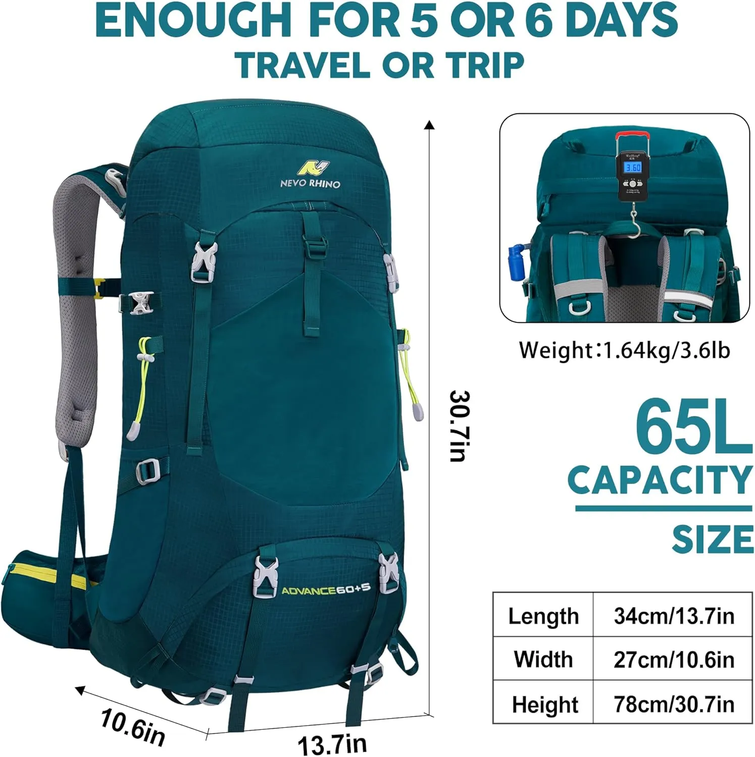 N NEVO RHINO Internal Frame Hiking Backpack 50/60/65/70/80L, Mountain Climbing Camping Backpack Daypack Waterproof Rain Cover