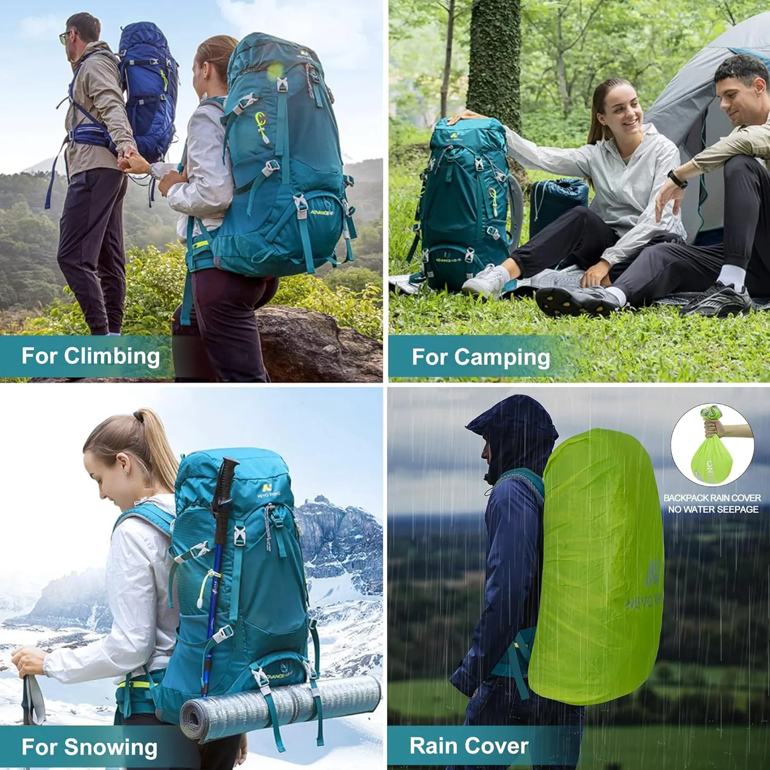N NEVO RHINO Internal Frame Hiking Backpack 50/60/65/70/80L, Mountain Climbing Camping Backpack Daypack Waterproof Rain Cover