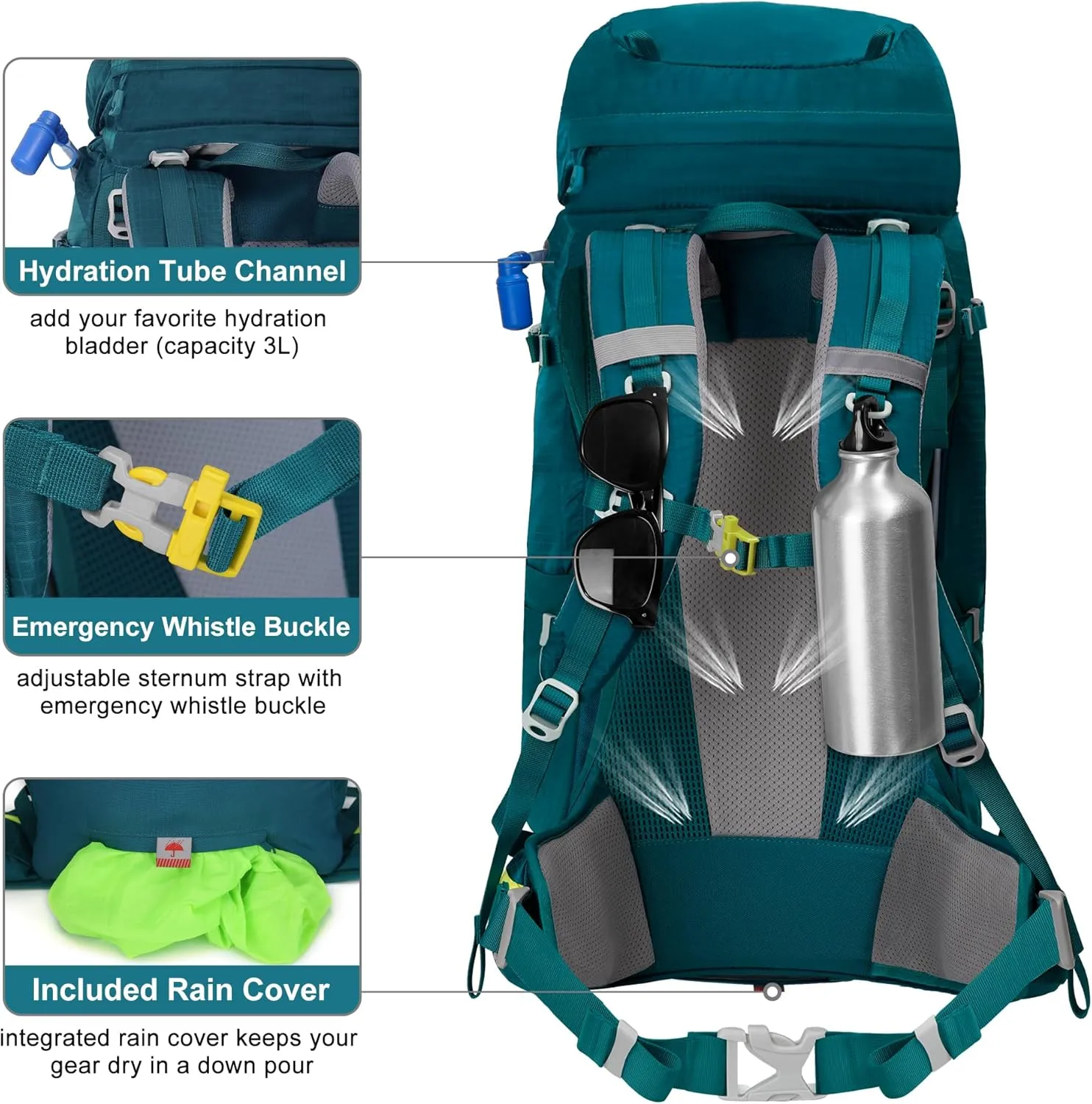 N NEVO RHINO Internal Frame Hiking Backpack 50/60/65/70/80L, Mountain Climbing Camping Backpack Daypack Waterproof Rain Cover