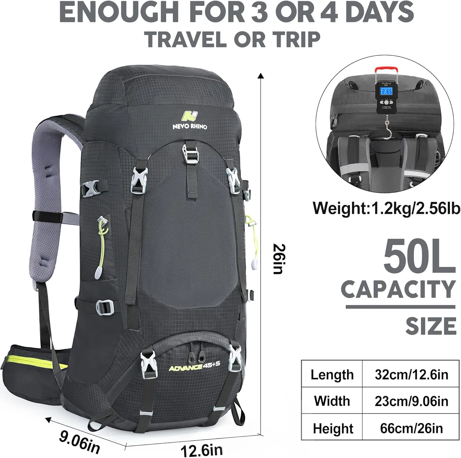 N NEVO RHINO Internal Frame Hiking Backpack 50/60/65/70/80L, Mountain Climbing Camping Backpack Daypack Waterproof Rain Cover