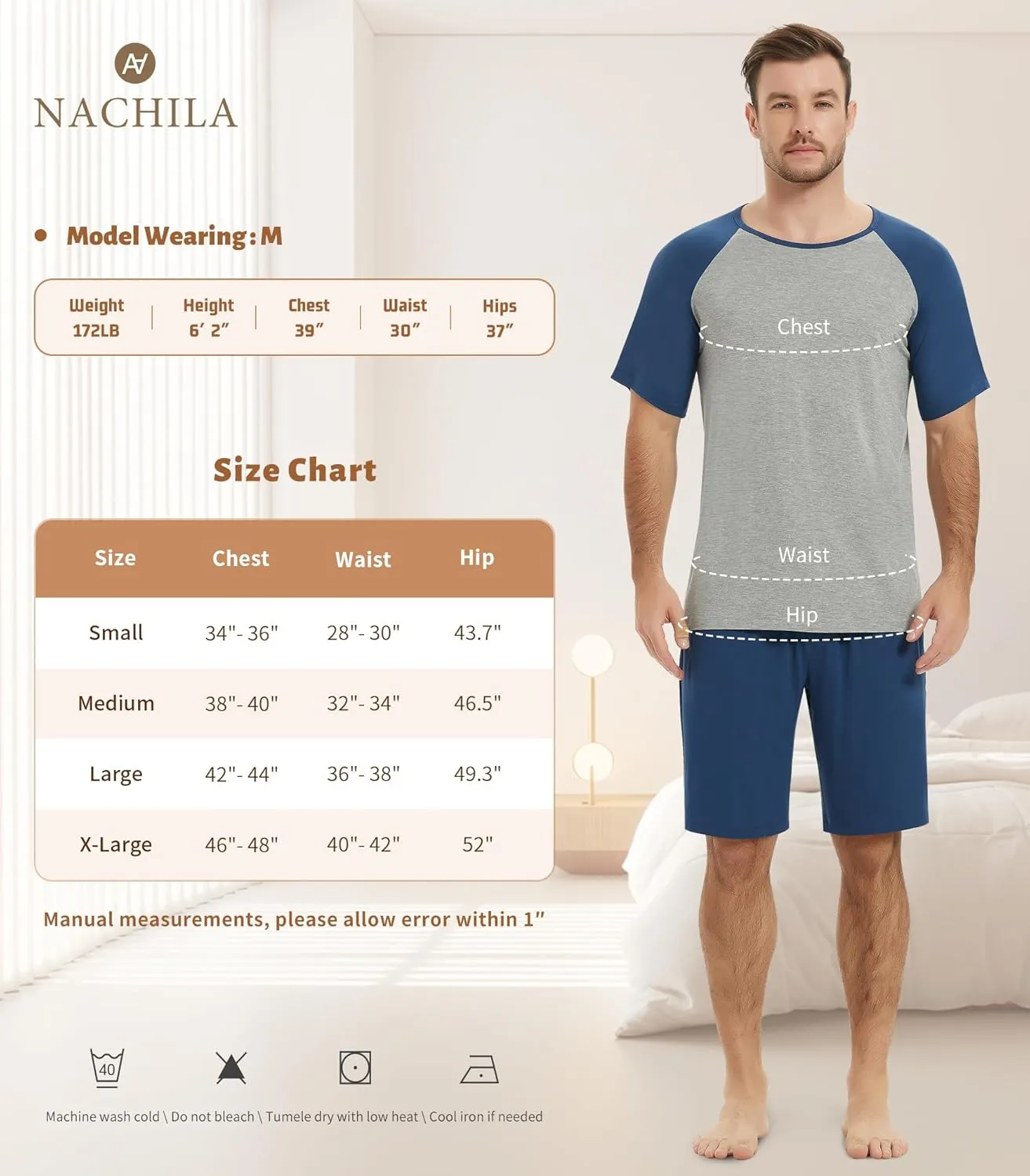 NACHILA Men's Pajamas Short Set-Viscose Made from Bamboo Sleepwear Super Soft Pj Top and Pajama Shorts Summer Pjs Sets S-XL