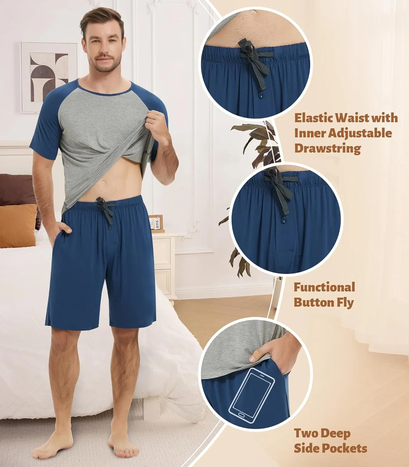 NACHILA Men's Pajamas Short Set-Viscose Made from Bamboo Sleepwear Super Soft Pj Top and Pajama Shorts Summer Pjs Sets S-XL