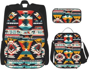 Native American Pattern Print Pocket Backpack,Pencil Case And Lunch Bag Set For Men And Women,Large Capacity