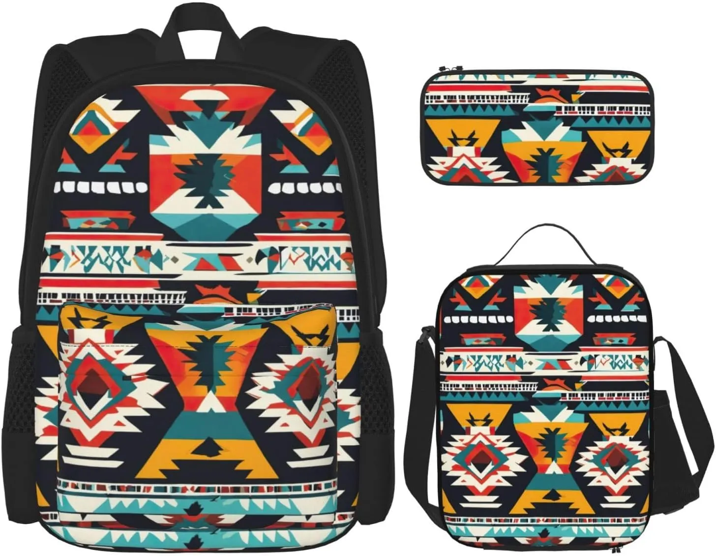 Native American Pattern Print Pocket Backpack,Pencil Case And Lunch Bag Set For Men And Women,Large Capacity