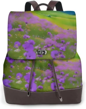 Nature Purple Flowers Meadow Mountain Scenic Print Adjustable Casual Travel Hiking Knapsacks Leather Backpack Purse Laptop Rucksack Bag