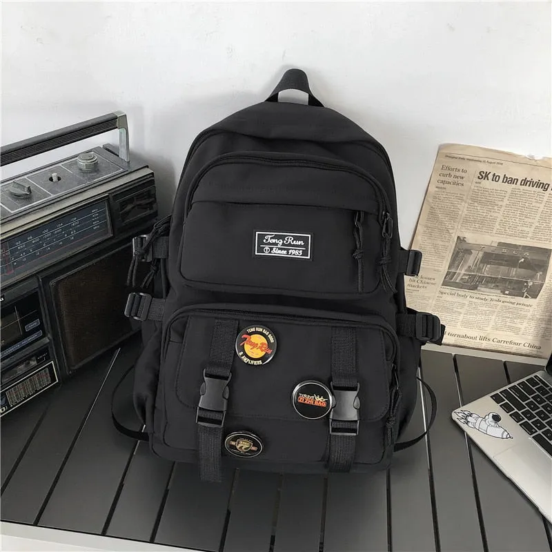 New Multi-pocket Waterproof Nylon Backpack Large Capacity Solid Color Women Schoolbag Men Insert Buckle Laptop Backpacks