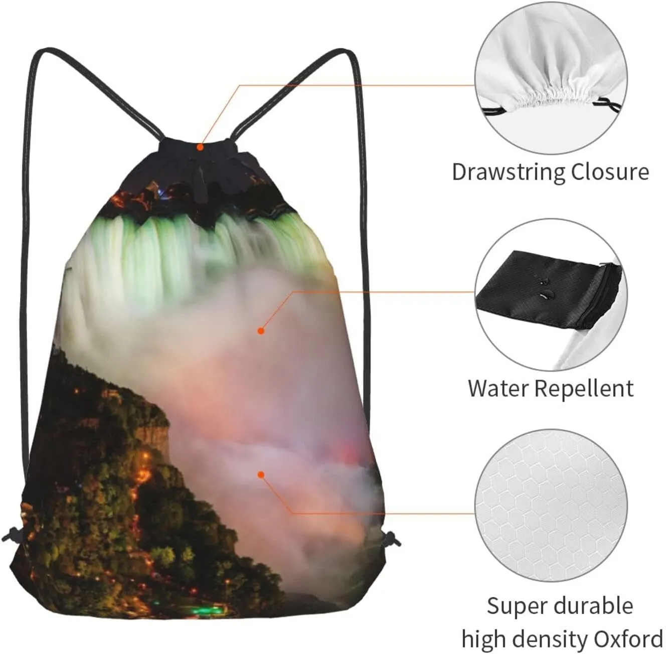 Niagara Falls Drawstring Cinch Backpack Polyester Sack Pack String Bag For Hiking Camping Adventure