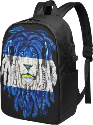 Nicaragua Flag Lion Laptop Backpacks Travel Backpack Casual Business Daypack Sport Rucksack Computer Bag Fits up to 17 Inch Notebook with USB Port