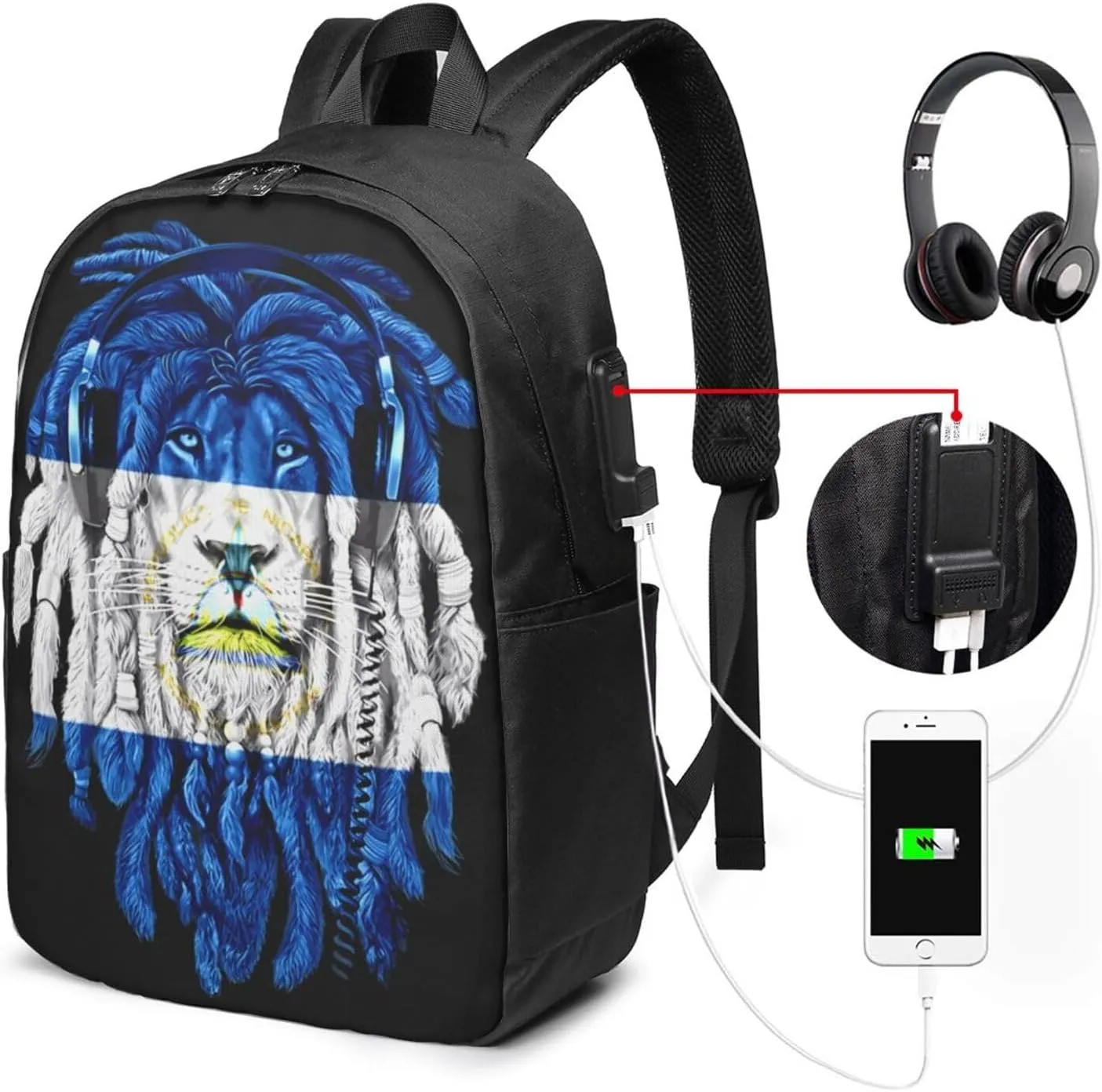 Nicaragua Flag Lion Laptop Backpacks Travel Backpack Casual Business Daypack Sport Rucksack Computer Bag Fits up to 17 Inch Notebook with USB Port