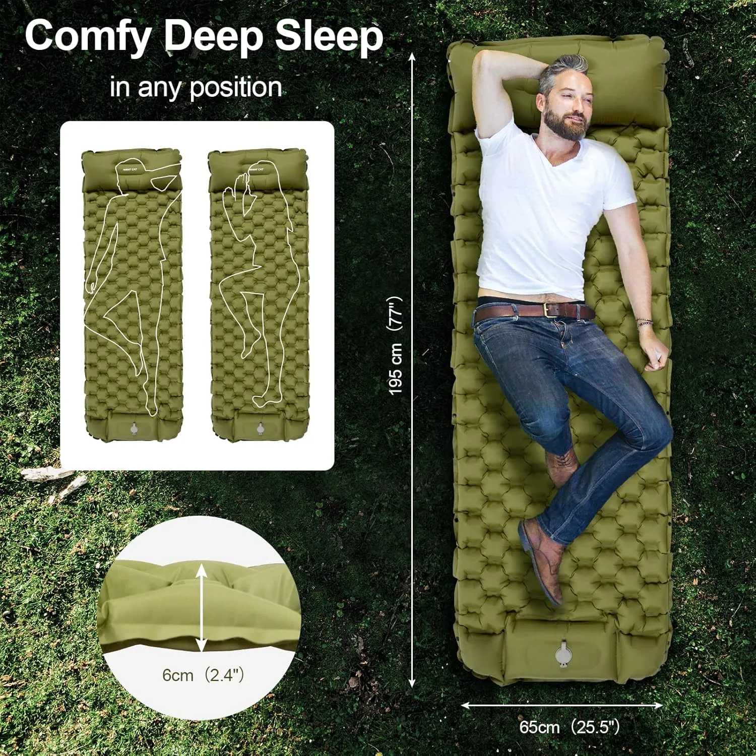 Night Cat Inflatable Sleeping Pads Mat Bed with Foot Pump and Pillow for Camping Backpacking Hiking Ultra-Light Compact Comfortable Extendable