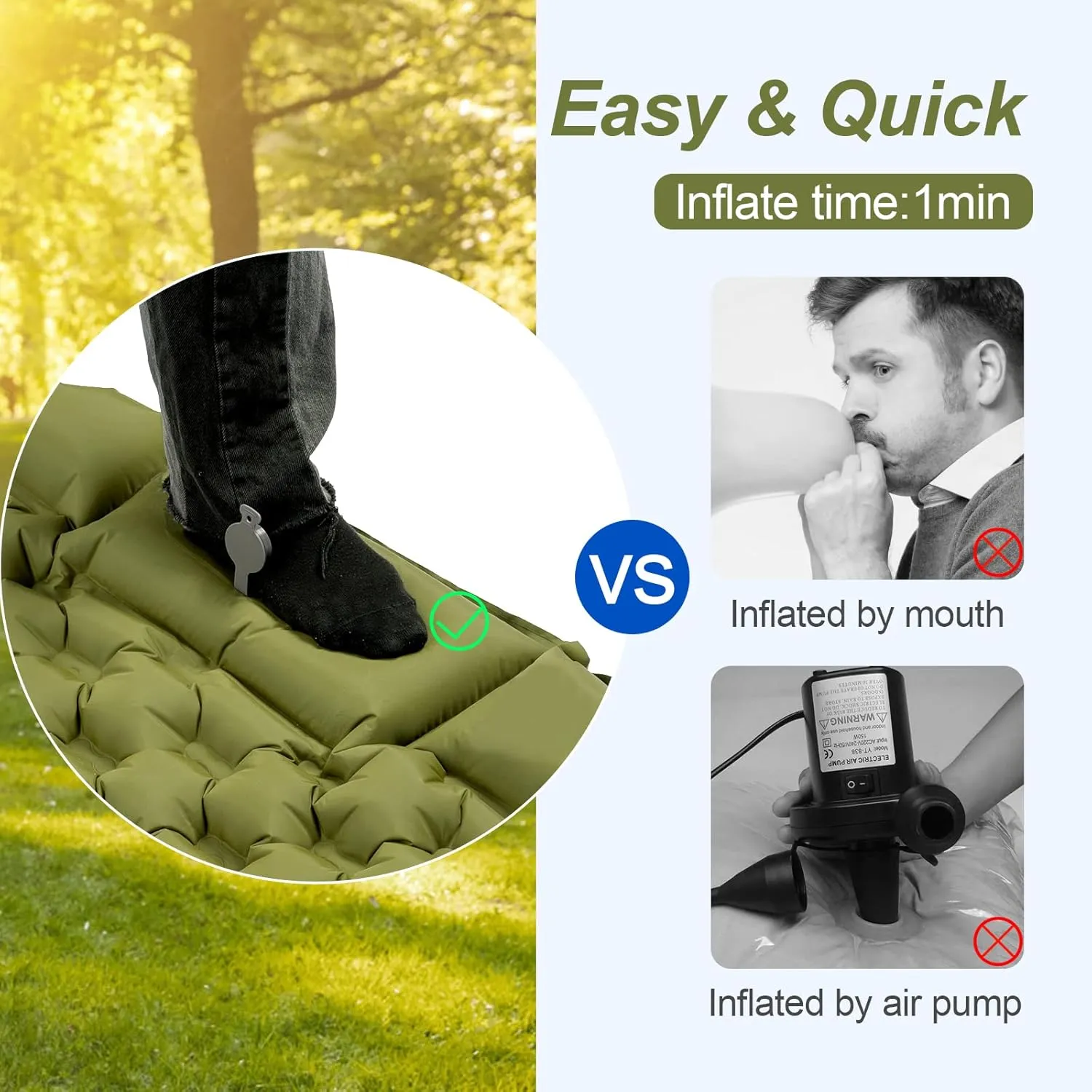 Night Cat Inflatable Sleeping Pads Mat Bed with Foot Pump and Pillow for Camping Backpacking Hiking Ultra-Light Compact Comfortable Extendable