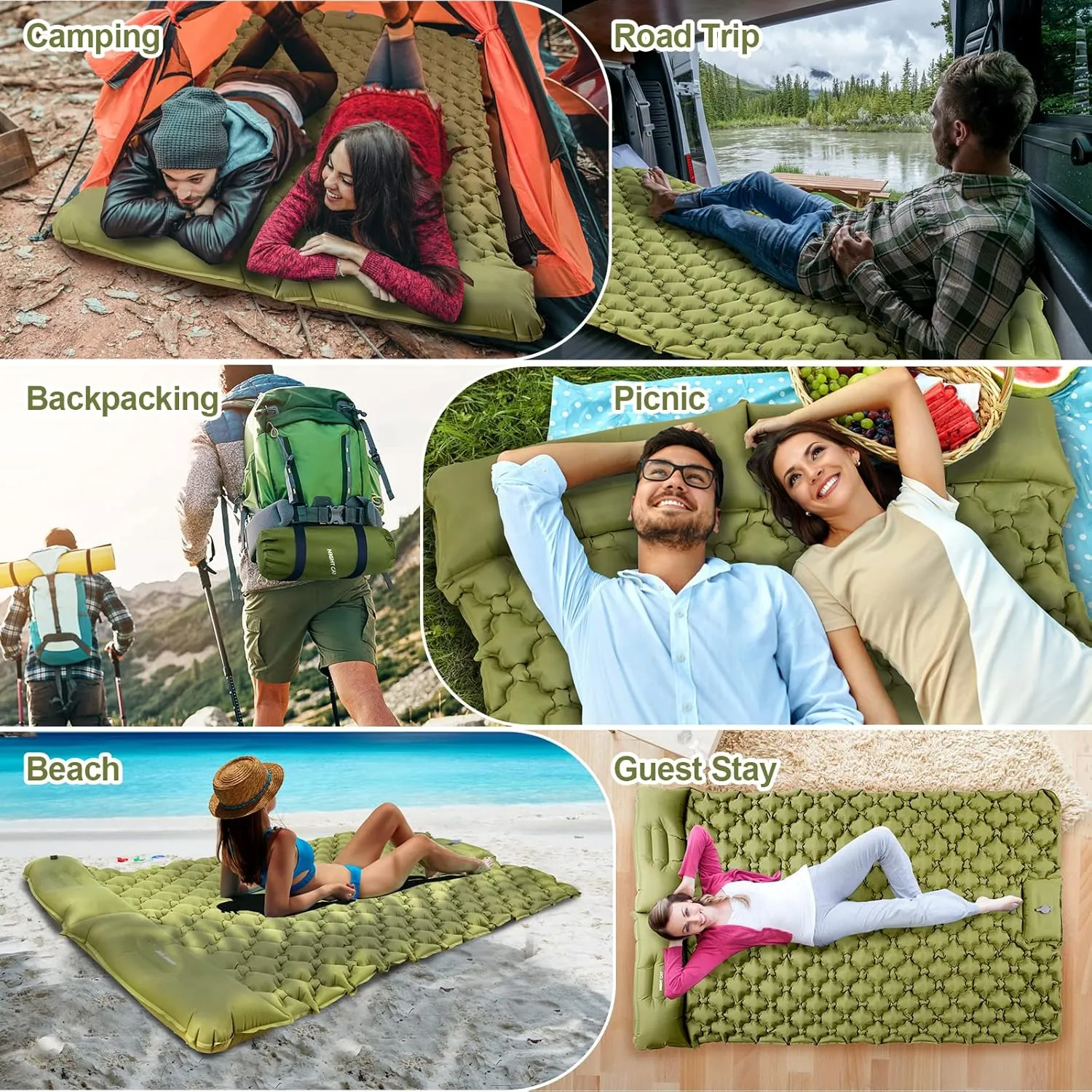 Night Cat Inflatable Sleeping Pads Mat Bed with Foot Pump and Pillow for Camping Backpacking Hiking Ultra-Light Compact Comfortable Extendable
