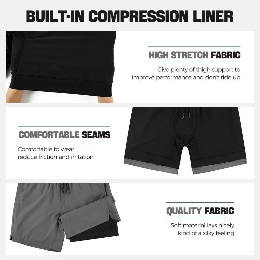 NIMENJOJA Mens 5.5" Gym Running Shorts 2 in 1 Quick Dry Workout Athletic Compression Shorts for Men