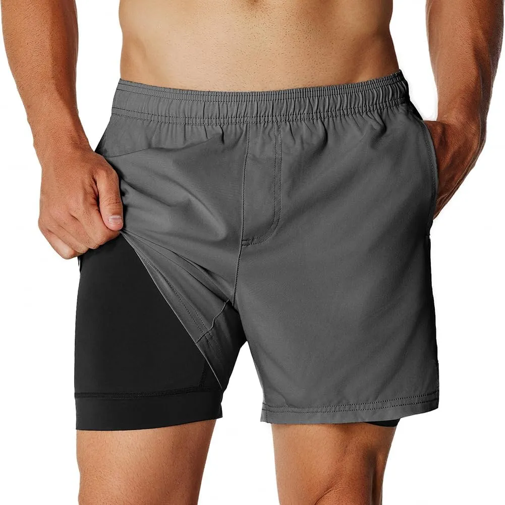 NIMENJOJA Mens 5.5" Gym Running Shorts 2 in 1 Quick Dry Workout Athletic Compression Shorts for Men