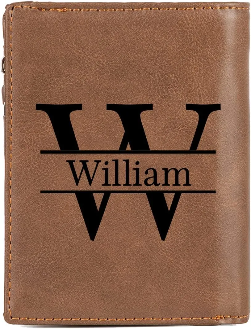 Nobelook Personalized Wallet for men Custom Engraved Mens Wallets with Photo Monogram Name Vertical Short Bifold Leather Wallet Lock Zipper Purse for Father Dad Husband Son BF