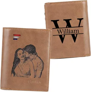 Nobelook Personalized Wallet for men Custom Engraved Mens Wallets with Photo Monogram Name Vertical Short Bifold Leather Wallet Lock Zipper Purse for Father Dad Husband Son BF