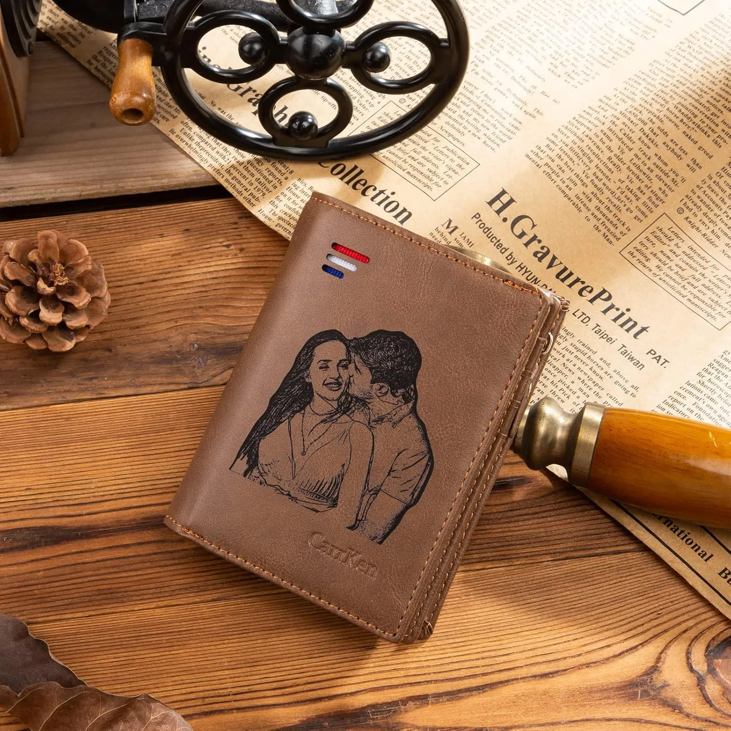 Nobelook Personalized Wallet for men Custom Engraved Mens Wallets with Photo Monogram Name Vertical Short Bifold Leather Wallet Lock Zipper Purse for Father Dad Husband Son BF