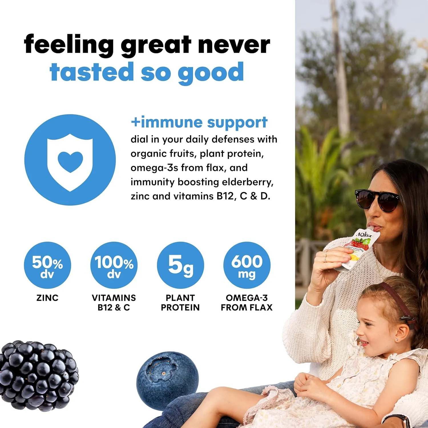 Noka Organic Superfood Fruit Smoothie Pouches, Super Berry with Immune Support, Healthy Snacks with Elderberry, Vitamin C, Flax Seed and Plant Protein, Gluten Free, Vegan, 4.22 oz, 12 Count