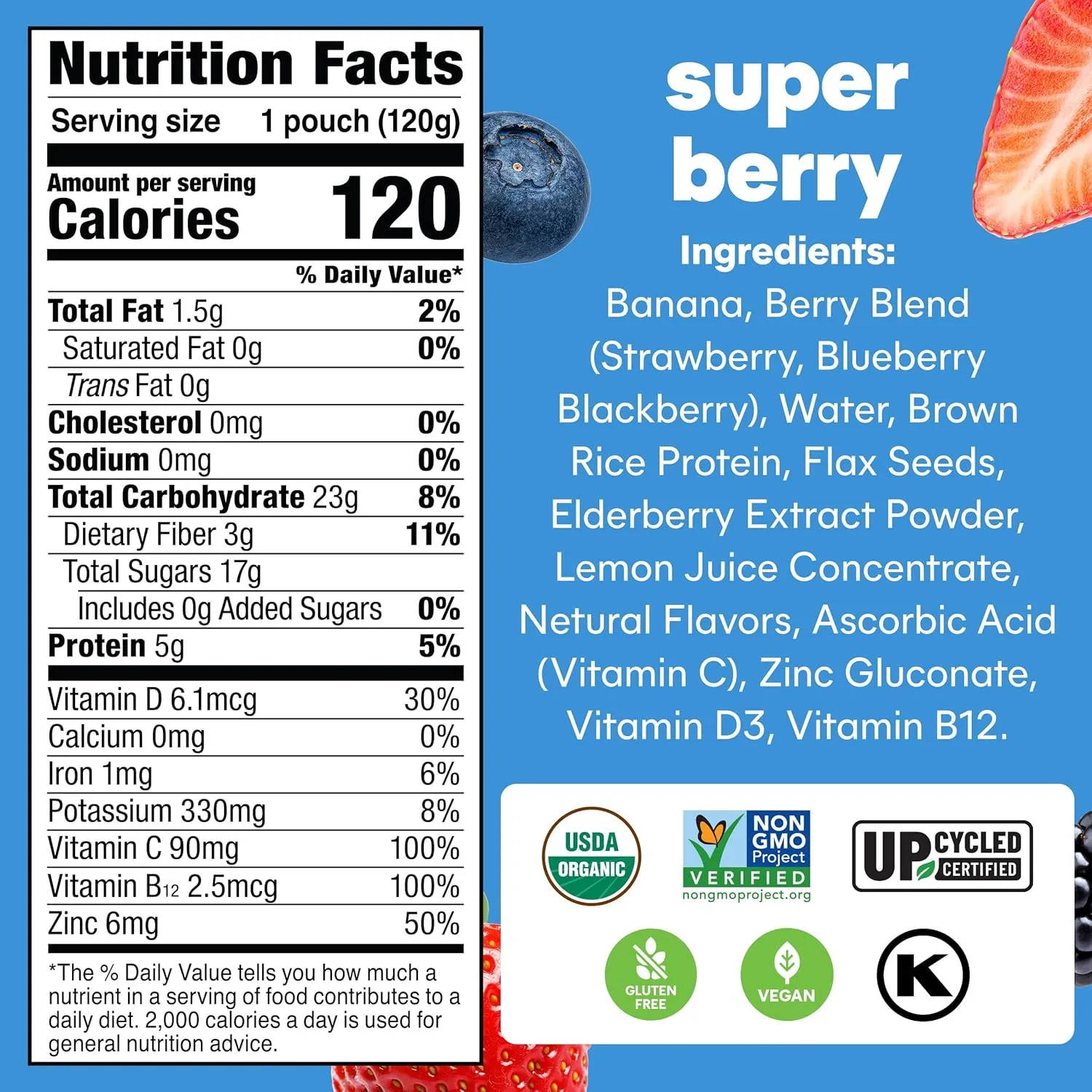 Noka Organic Superfood Fruit Smoothie Pouches, Super Berry with Immune Support, Healthy Snacks with Elderberry, Vitamin C, Flax Seed and Plant Protein, Gluten Free, Vegan, 4.22 oz, 12 Count