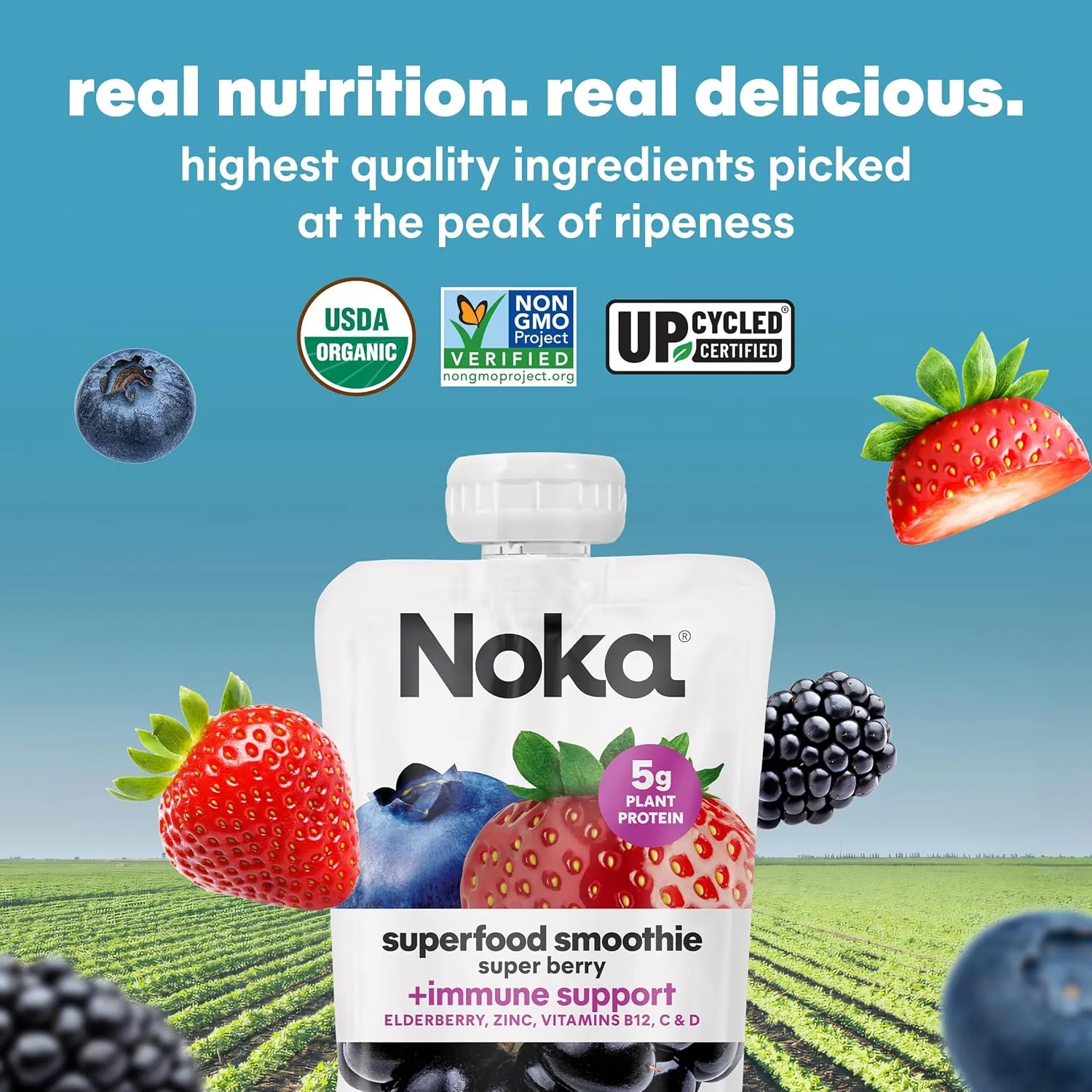Noka Organic Superfood Fruit Smoothie Pouches, Super Berry with Immune Support, Healthy Snacks with Elderberry, Vitamin C, Flax Seed and Plant Protein, Gluten Free, Vegan, 4.22 oz, 12 Count