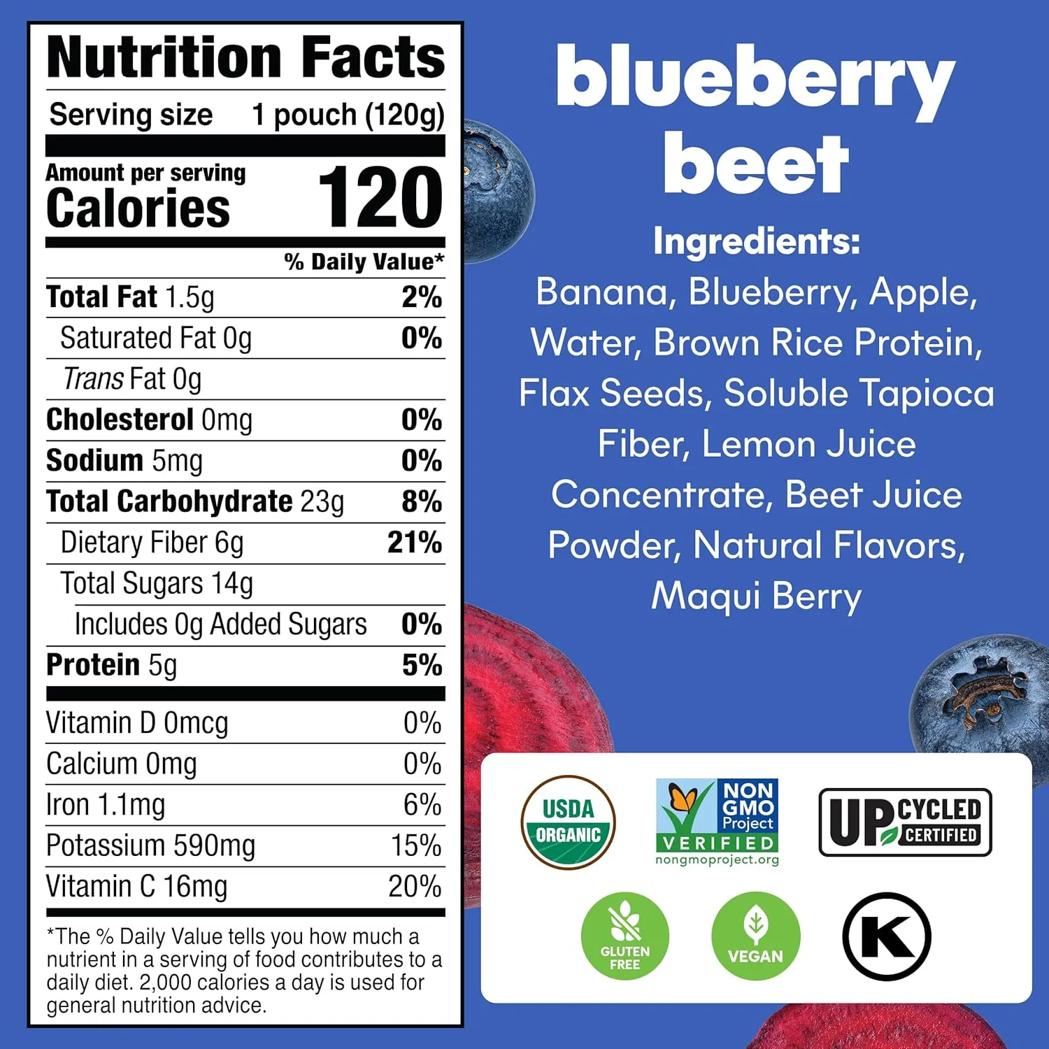 Noka Superfood Fruit Smoothie Pouches, Blueberry Beet, Healthy Snacks with Flax Seed, Prebiotic Fiber and Plant Protein, Vegan and Gluten Free, Organic Fruit & Veggie Squeeze Pouch, 4.22 oz, 12 Count