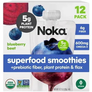 Noka Superfood Fruit Smoothie Pouches, Blueberry Beet, Healthy Snacks with Flax Seed, Prebiotic Fiber and Plant Protein, Vegan and Gluten Free, Organic Fruit & Veggie Squeeze Pouch, 4.22 oz, 12 Count