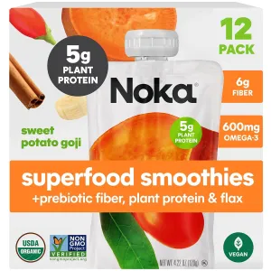 Noka Superfood Fruit Smoothie Pouches, Sweet Potato Goji, Healthy Snacks with Flax Seed, Plant Protein and Prebiotic Fiber, Vegan and Gluten Free Snacks, Organic Squeeze Pouch, 4.22 oz, 12 Count