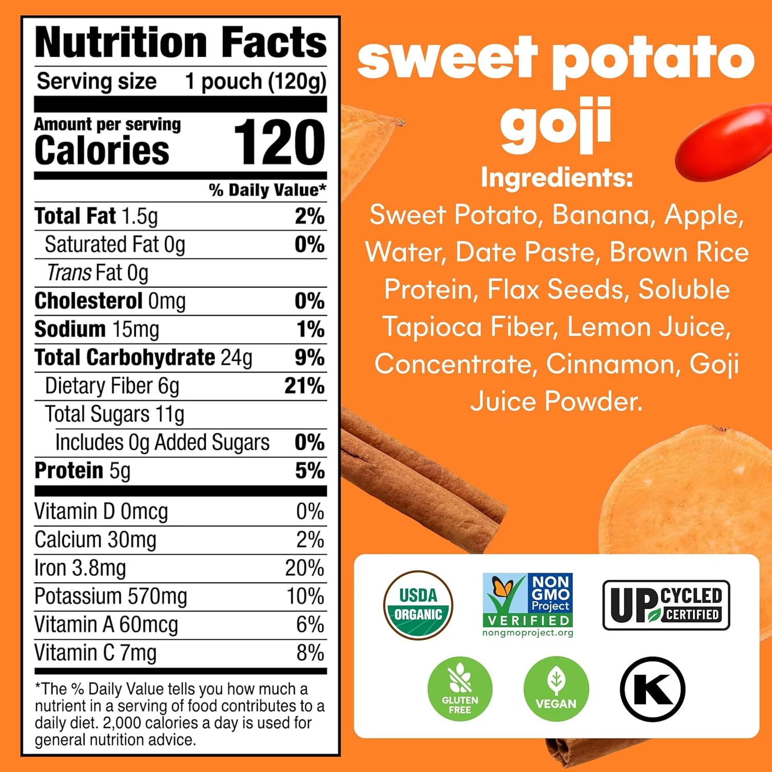 Noka Superfood Fruit Smoothie Pouches, Sweet Potato Goji, Healthy Snacks with Flax Seed, Plant Protein and Prebiotic Fiber, Vegan and Gluten Free Snacks, Organic Squeeze Pouch, 4.22 oz, 12 Count