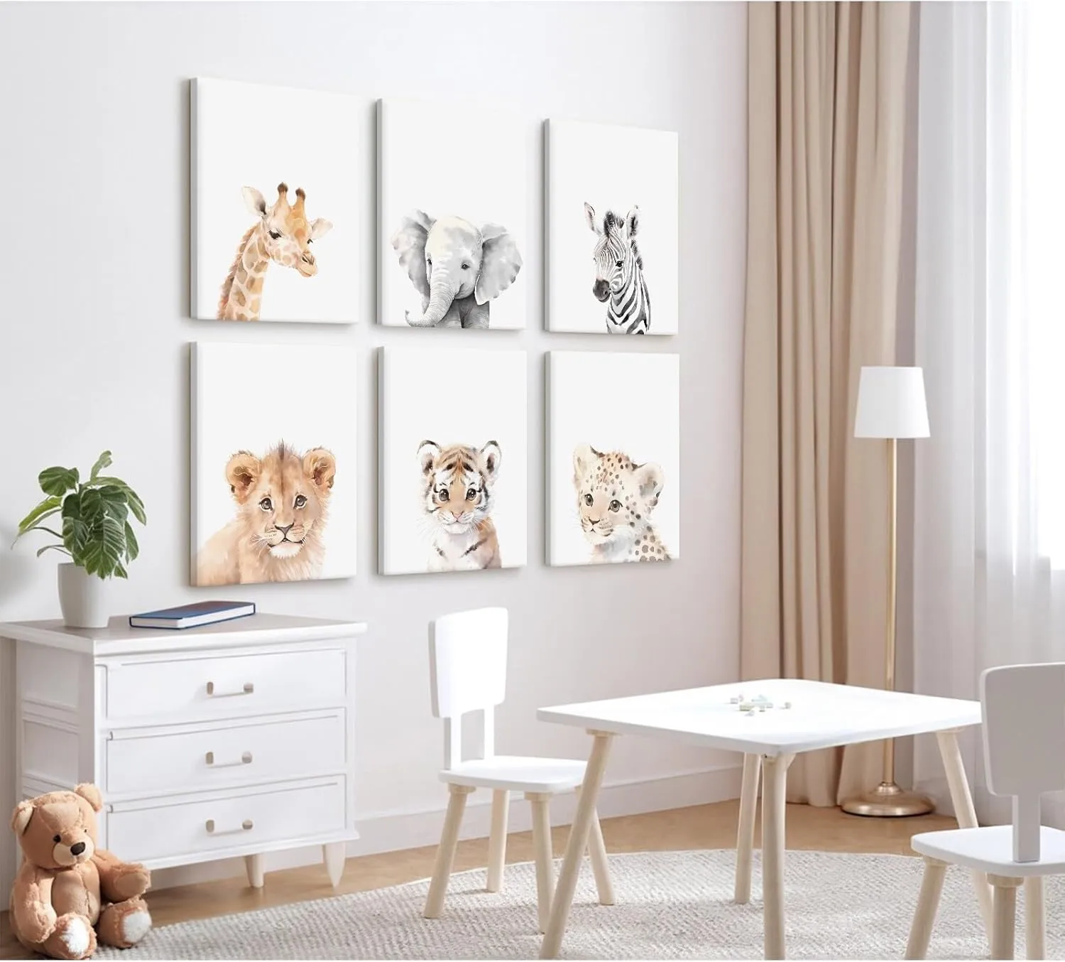 Nursery Animal Wall Art Decor Baby Safari Canvas Prints Jungle Animal Wall Art Poster Baby Room Art Nursery Safari Pictures for Bedroom Boys Room 12x16 Inch Wrapped Canvas Set of 6