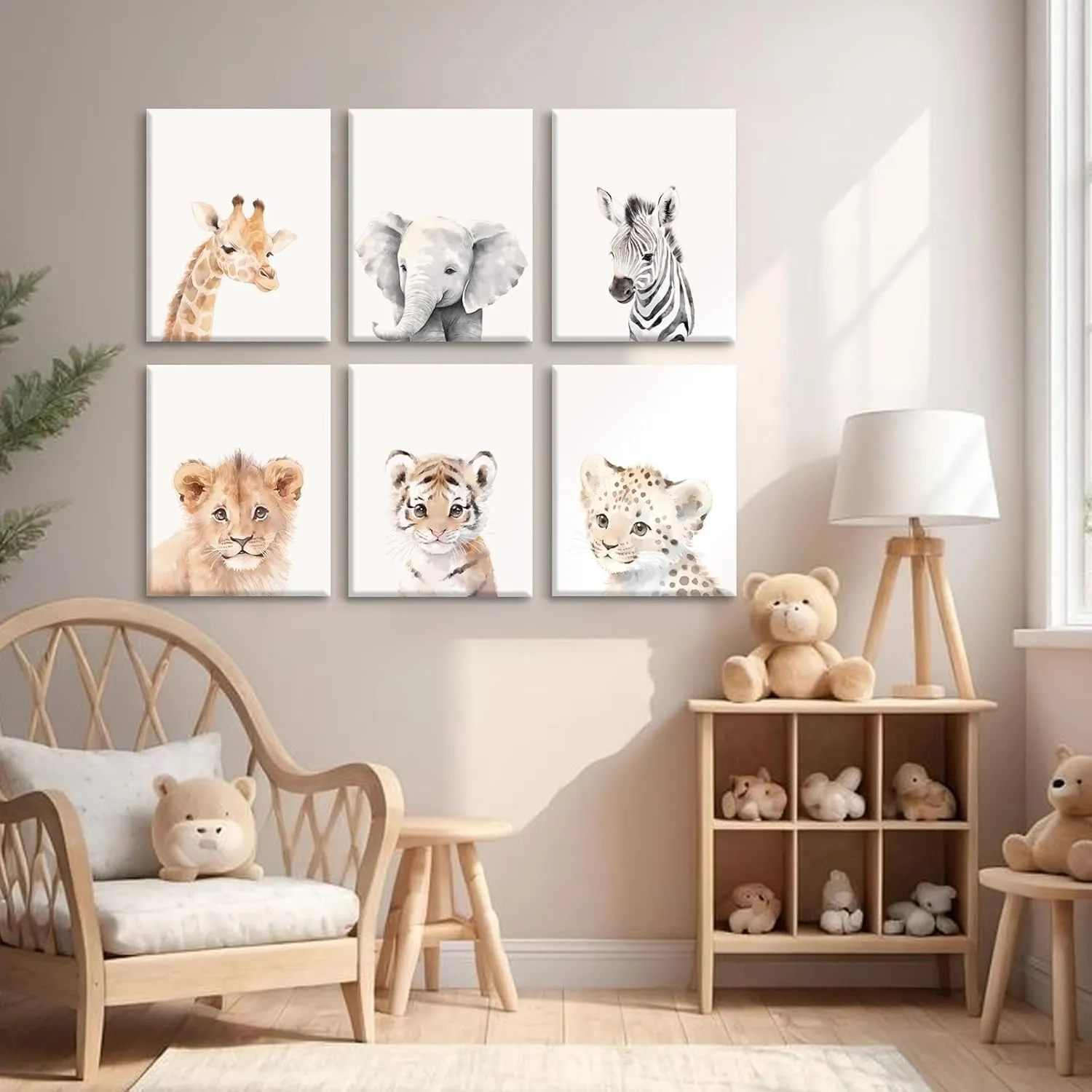 Nursery Animal Wall Art Decor Baby Safari Canvas Prints Jungle Animal Wall Art Poster Baby Room Art Nursery Safari Pictures for Bedroom Boys Room 12x16 Inch Wrapped Canvas Set of 6