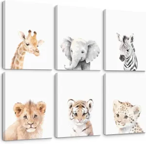 Nursery Animal Wall Art Decor Baby Safari Canvas Prints Jungle Animal Wall Art Poster Baby Room Art Nursery Safari Pictures for Bedroom Boys Room 12x16 Inch Wrapped Canvas Set of 6