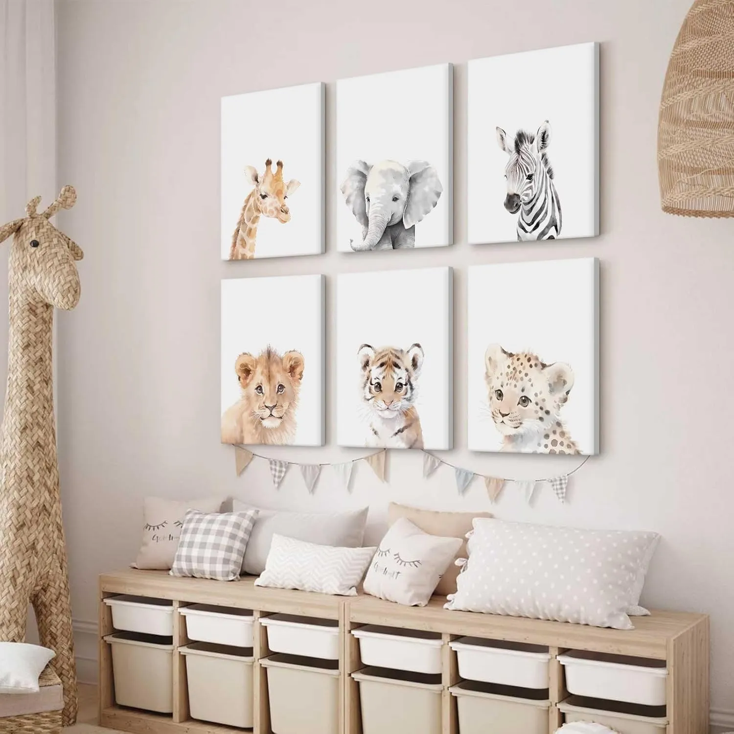 Nursery Animal Wall Art Decor Baby Safari Canvas Prints Jungle Animal Wall Art Poster Baby Room Art Nursery Safari Pictures for Bedroom Boys Room 12x16 Inch Wrapped Canvas Set of 6