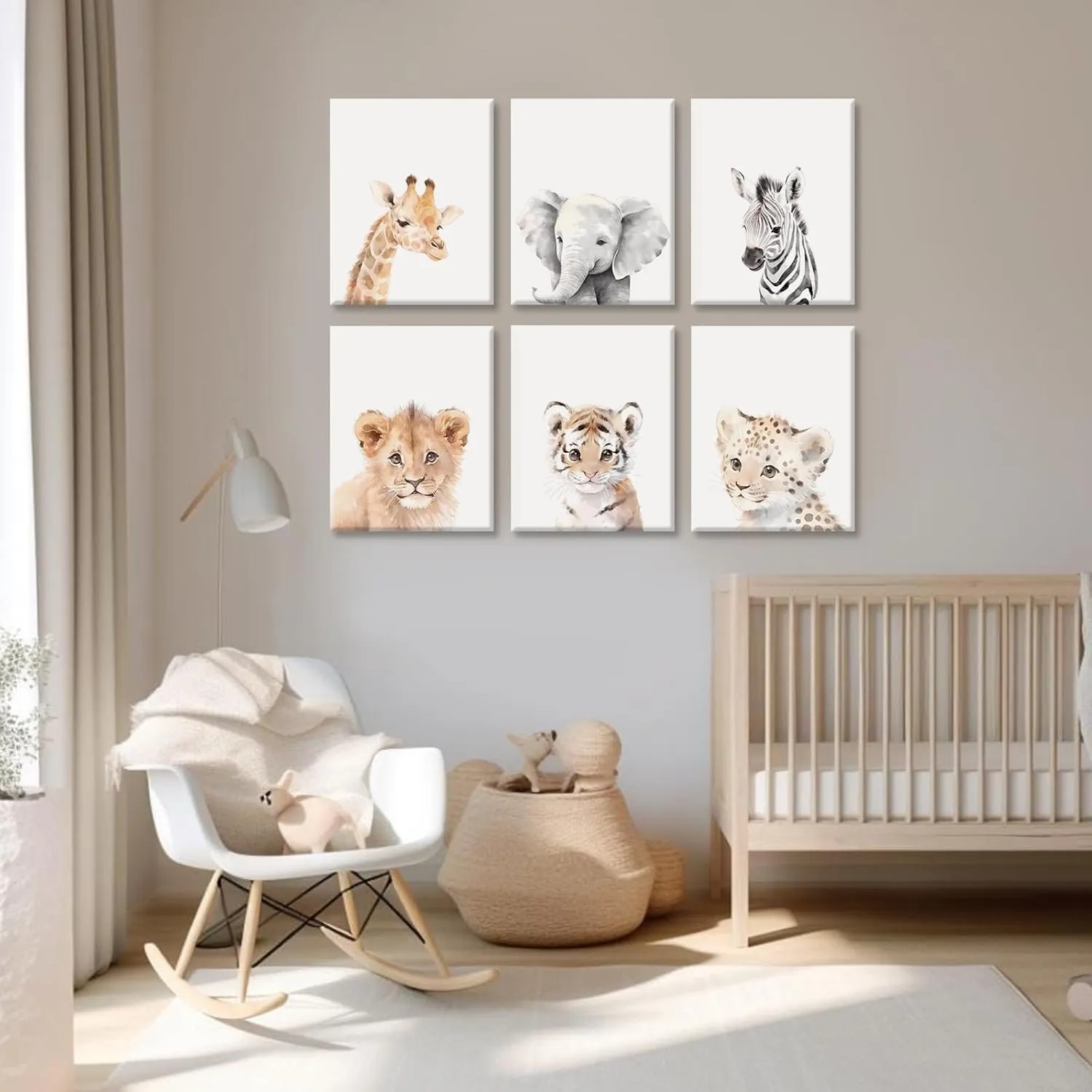Nursery Animal Wall Art Decor Baby Safari Canvas Prints Jungle Animal Wall Art Poster Baby Room Art Nursery Safari Pictures for Bedroom Boys Room 12x16 Inch Wrapped Canvas Set of 6