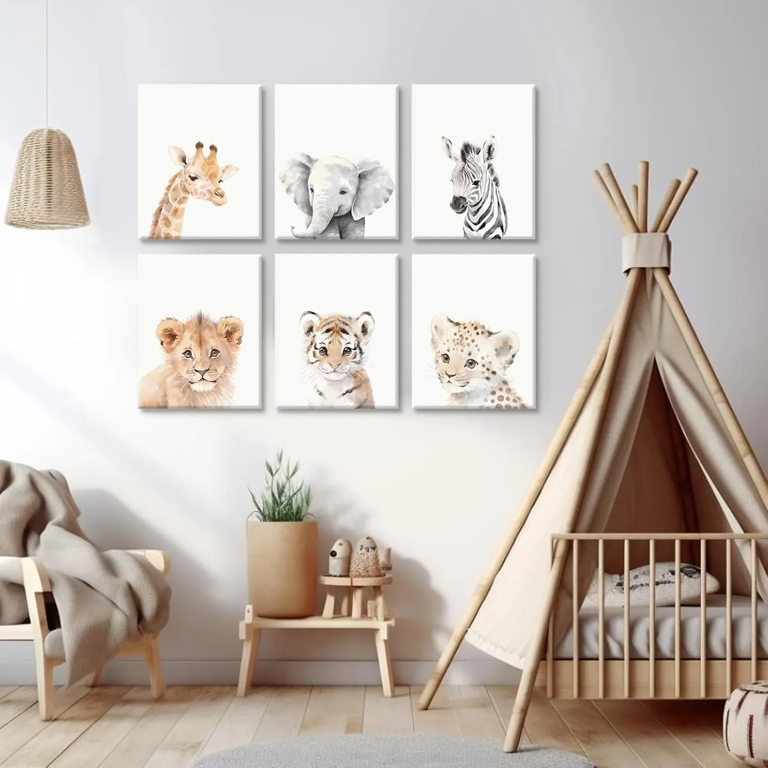 Nursery Animal Wall Art Decor Baby Safari Canvas Prints Jungle Animal Wall Art Poster Baby Room Art Nursery Safari Pictures for Bedroom Boys Room 12x16 Inch Wrapped Canvas Set of 6