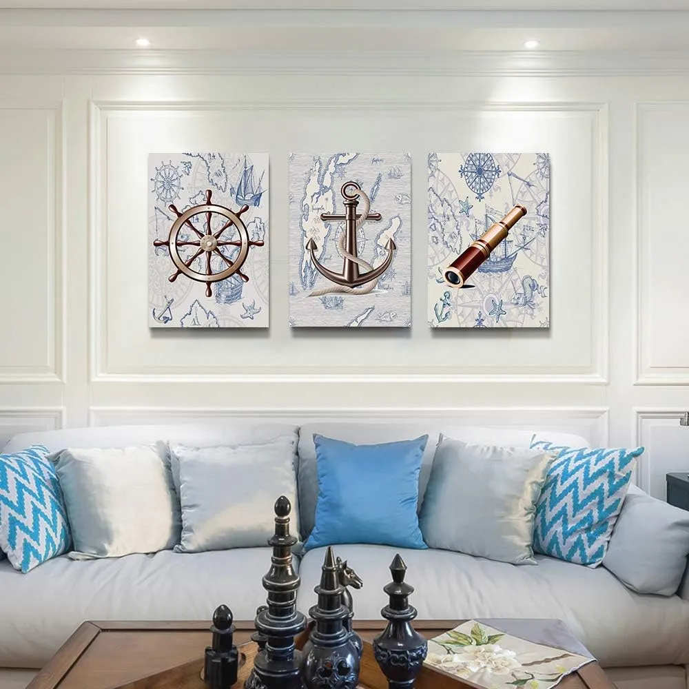 ocean theme steering wheel telescope ship pendant Canvas Prints bathroom Wall Art for Bedroom Wall decor Artworks Pictures wall decorations for living room,3 piece Home decor kitchen wall paintings
