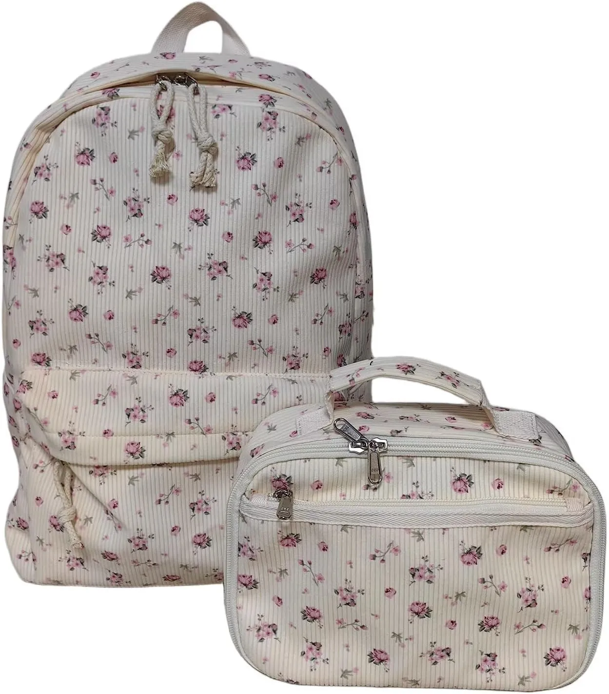 Octsky School Backpack for Girls Teens Corduroy Bookbags with Lunch Box, Women Travel Daypacks, Pink Flowers