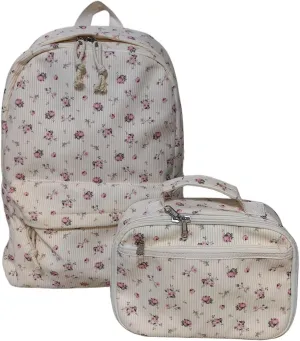 Octsky School Backpack for Girls Teens Corduroy Bookbags with Lunch Box, Women Travel Daypacks, Pink Flowers