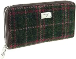 of Scotland Harris Tweed Wallet, Large Zip Purse for Women Made in Scotland (Col 107 Green Plum Check)