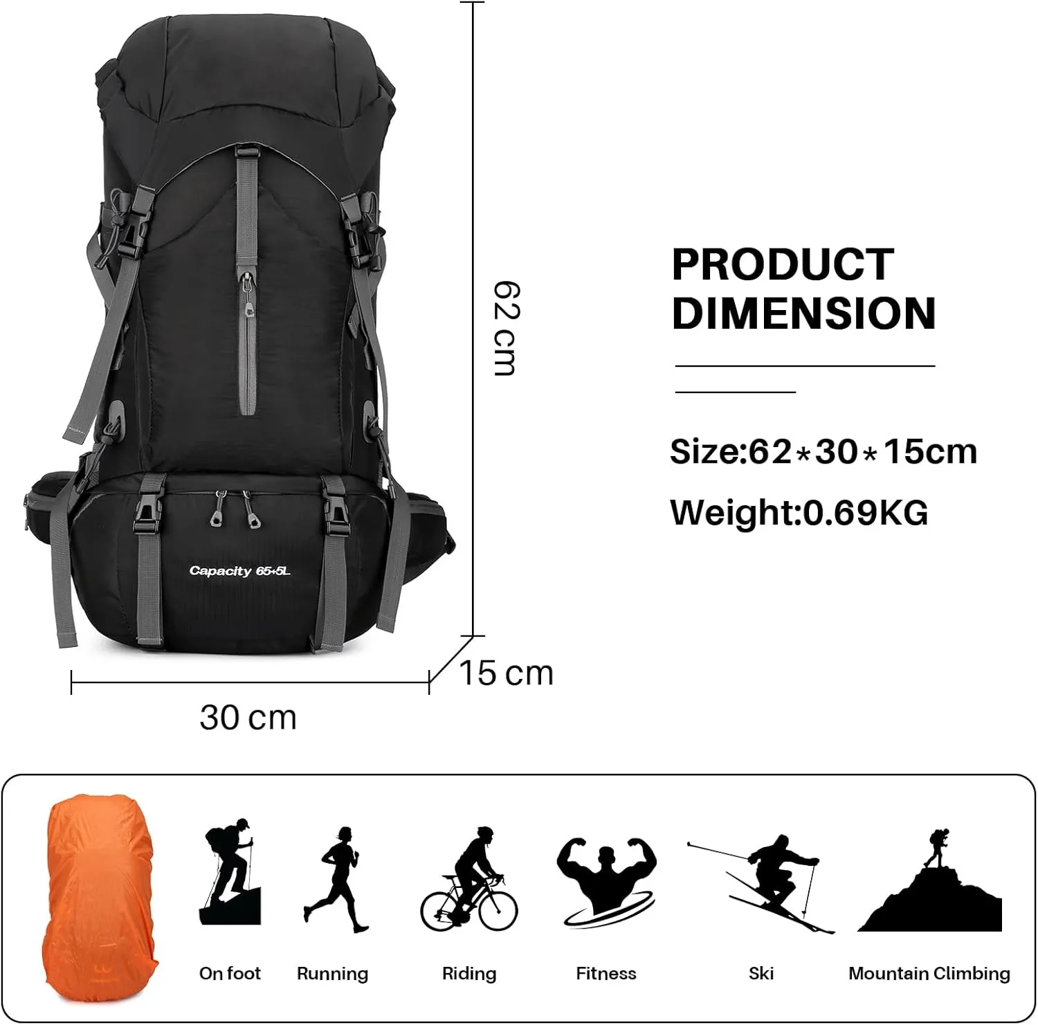 OKYUK 70L Hiking Backpack, Camping Hiking Back Pack, Water Resistant Lightweight Mountain Climbing Bag, Outdoor Camping Sport Daypack with Rain Cover, for Travel, Touring, Cycling (Black, 70L)