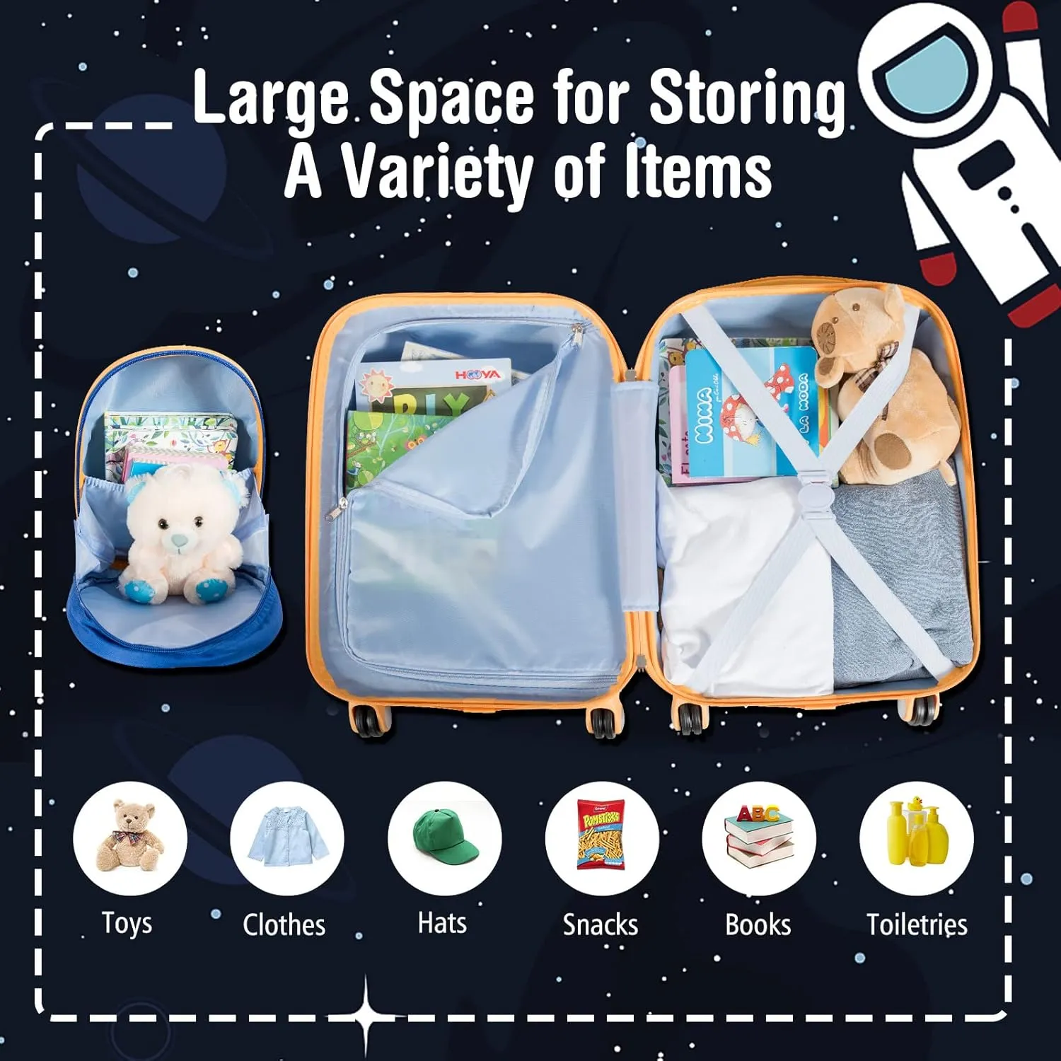 Olakids Kid Luggage Set, 12’’ Travel Backpack and 18’’ Carry on Suitcase with Wheels for Children Boys Girls, 2 Pcs Rolling Spinner Trolley Case Gift for Toddlers (Astronaut)