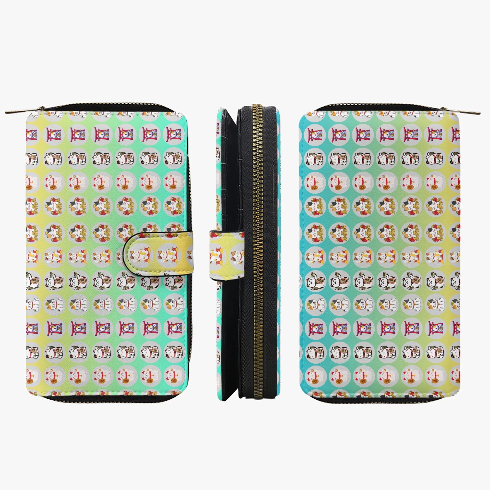 Ombre Marine Fengshui Lucky Cat Long Flap Wallet