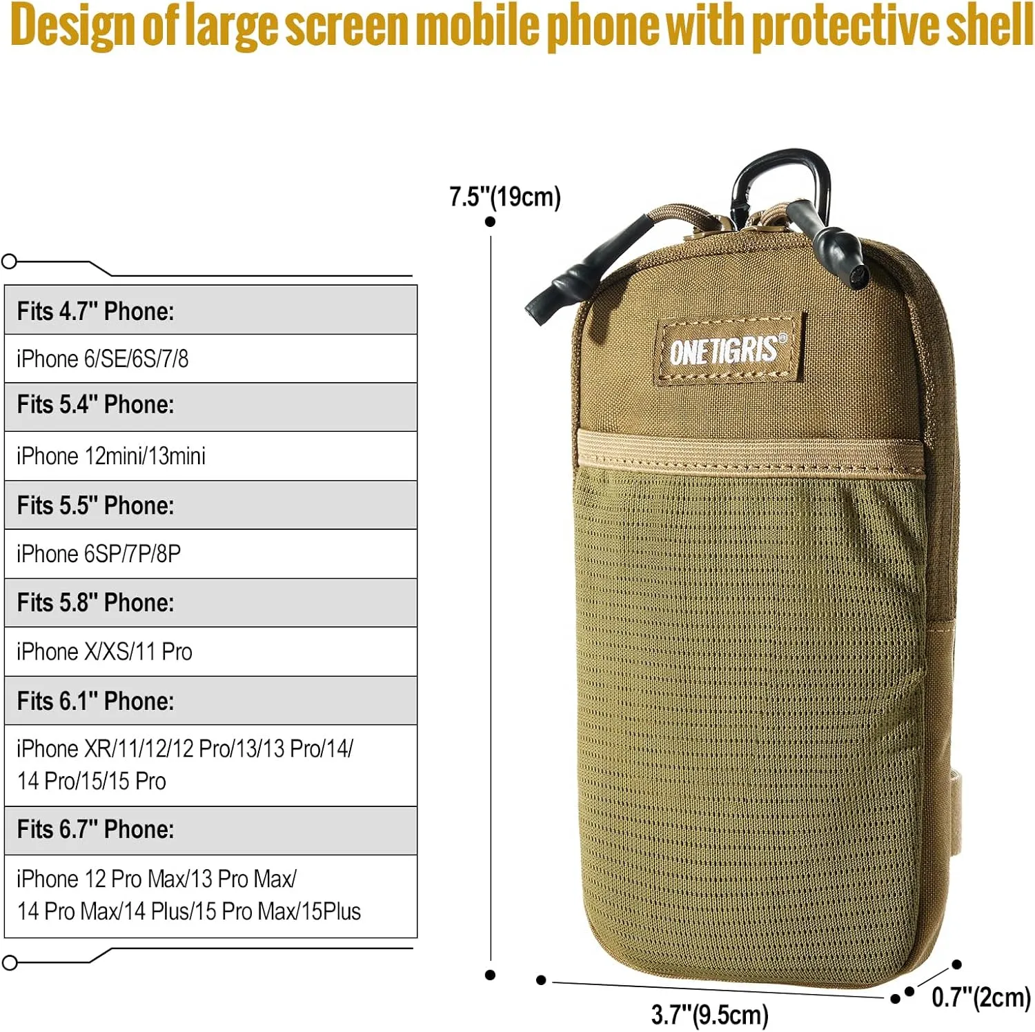 OneTigris Cell Phone Holster - Phone Belt Holder Molle Phone Pouch for Belt with Loop, Holds 4.7"-6.5" Phones in Black