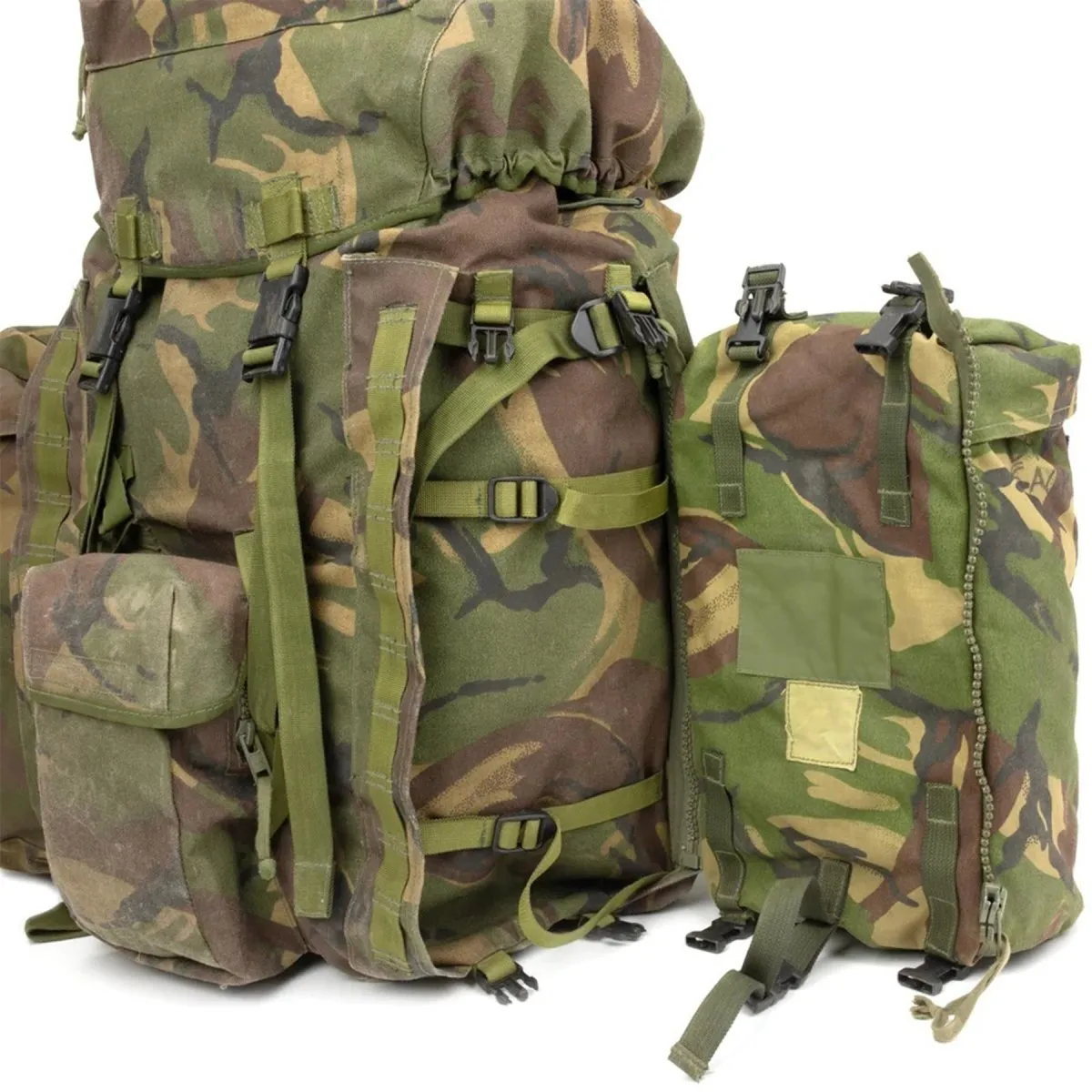Original British Military tactical backpack woodland camo 90 liters side pockets