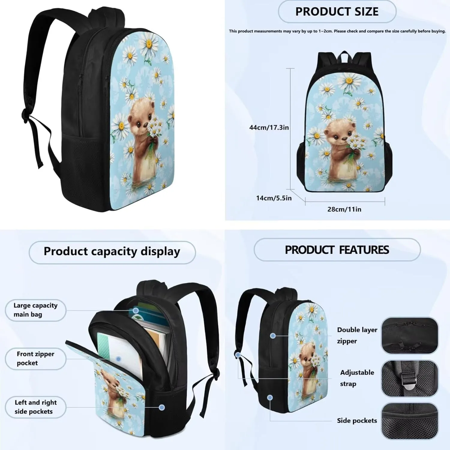 Otter Backpack for Girls 4 Piece Backpack Set with Lunch Box Pencil Box Water Bottle 17inch Kids 3rd 5th Grade Shoulder Bag Bookbag Daypack for Girls Comfort Easy to Clean
